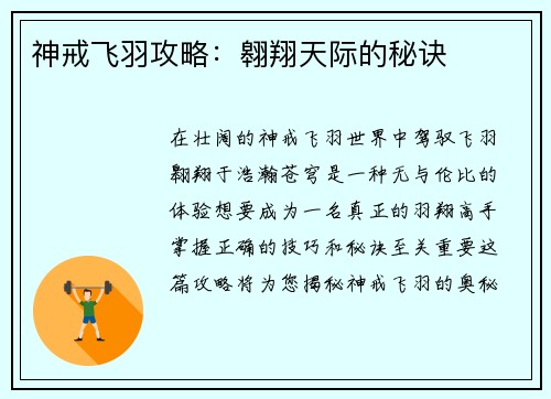 神戒飞羽攻略：翱翔天际的秘诀